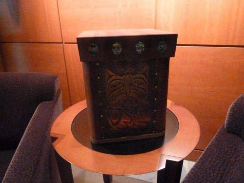  Box by Shain Jackson donated by Spirit Works to the First Nations Law Students Scholarship Fund.  A Large painted bentwood box inlaid with abalone and adorned with copper chasing work. 
